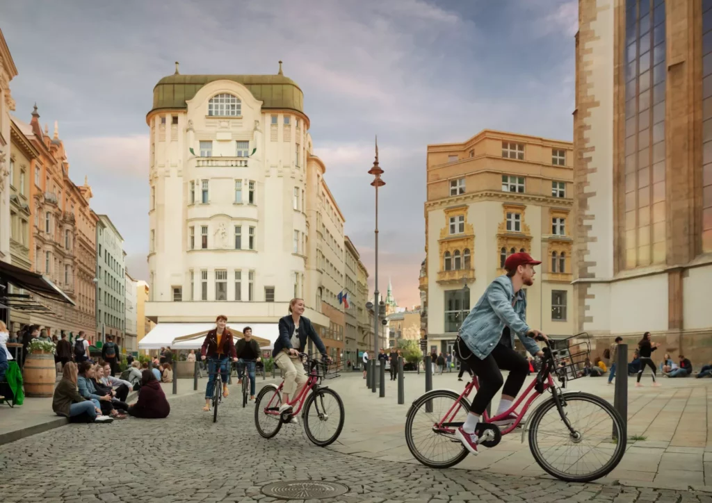 Brno city centre - cyclists in Jakubske namesti